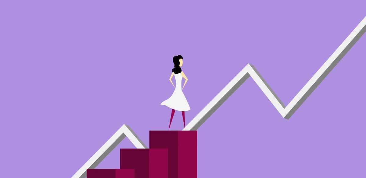 Isometric vector illustration of female character standing on column graph and analyzing rising line graph on violet background