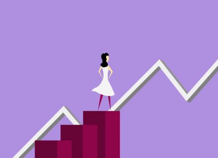 Isometric vector illustration of female character standing on column graph and analyzing rising line graph on violet background