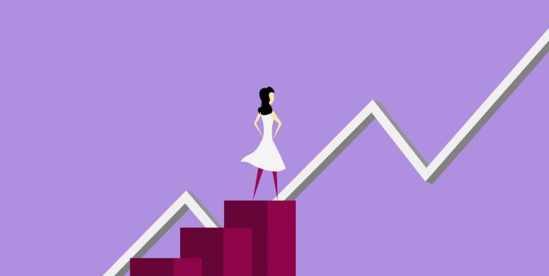 Isometric vector illustration of female character standing on column graph and analyzing rising line graph on violet background